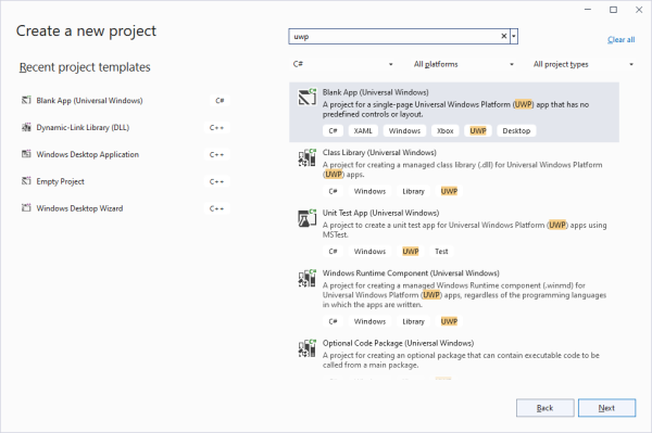  Visual Studio Create New project view